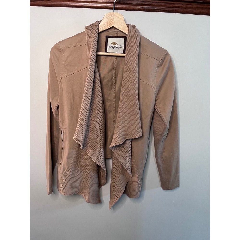 Bob Timberlake Tan Open Front Waterfall Cardigan Jacket Ribbed Knit Trim XS